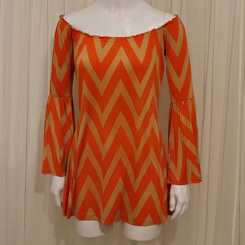 NWT Chevron Print Dress by Cream 2 II, Size Small, Orange/Taupe